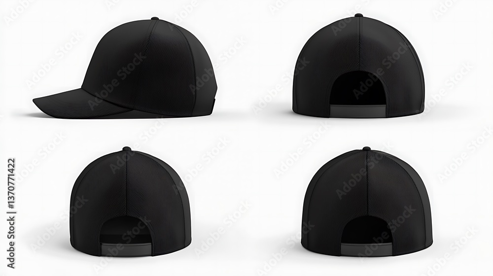 Four black baseball caps showing front, back, and side views Four black baseball caps showing front, back, and side views