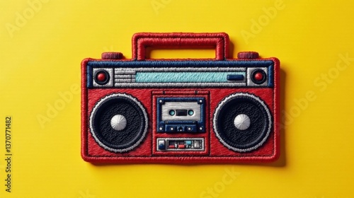 Vibrant Red Boombox Embroidery Patch on Yellow Background A Nostalgic Retro Design Element