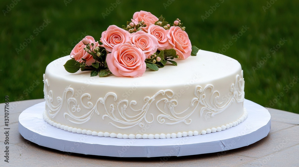 A beautiful round wedding cake adorned with delicate peach roses sits elegantly on a table outdoors against a blurred green background perfect for wedding announcements or A beautiful round wedding cake adorned with delicate peach roses sits elegantly on a table outdoors against a blurred green background perfect for wedding announcements or