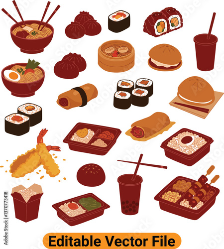 Assortment of delicious Asian food illustrations icon set , including sushi, ramen, and dim sum with white background