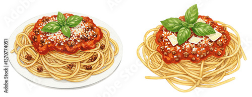 Spaghetti bolognese pasta with meat sauce, cheese and basil, watercolour clipart illustration isolated on a transparent background
