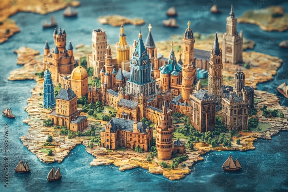 Fototapeta premium Miniature city model of an imaginary land featuring intricate architecture and boats on water at dusk