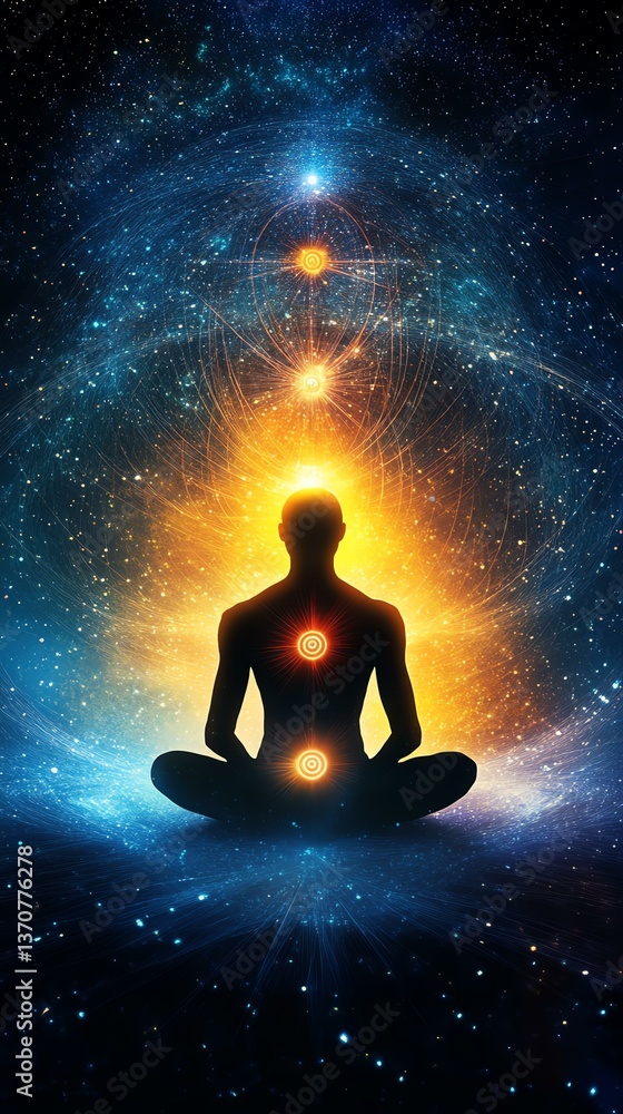 Chakra Alignment A meditative silhouette surrounded by colorful cosmic energy, representing inner peace and spiritual awakening. Chakra Alignment A meditative silhouette surrounded by colorful cosmic energy, representing inner peace and spiritual awakening.