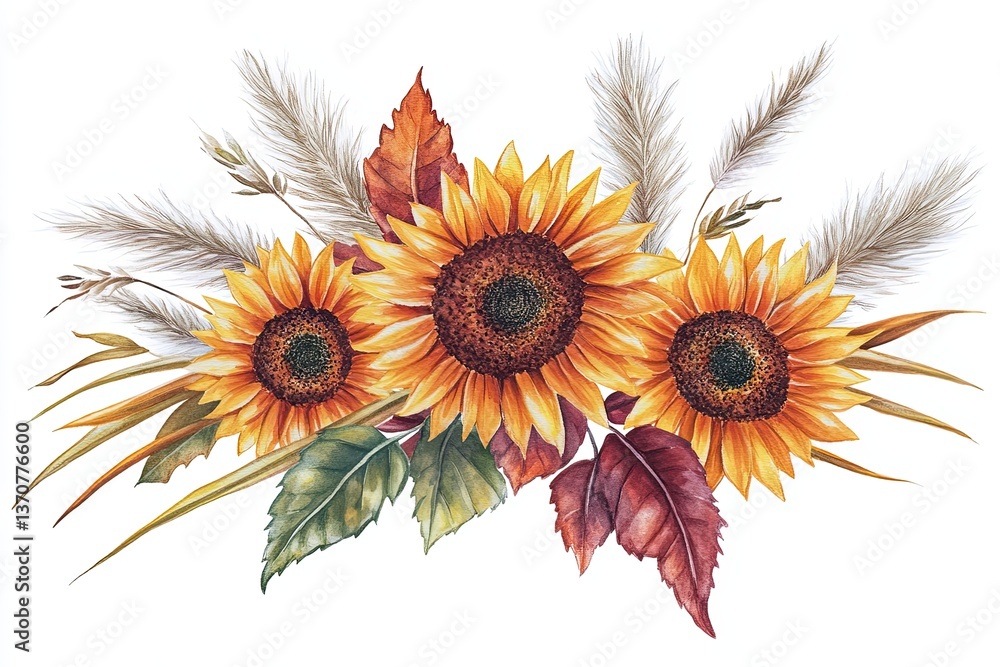 Naklejka premium A vibrant depiction of a floral arrangement with cheerful sunflowers, bold dahlias, and delicate leaves, filled with warmth and delight