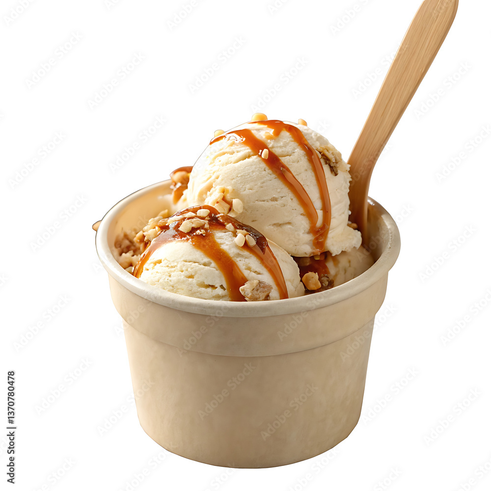 Close-up of a beige cup containing two scoops of creamy ice cream, Close-up of a beige cup containing two scoops of creamy ice cream,