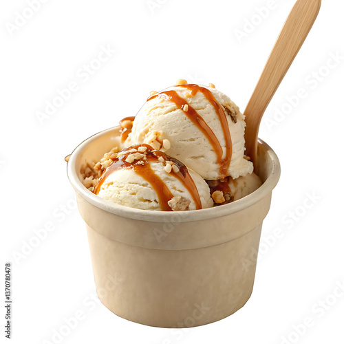 Close-up of a beige cup containing two scoops of creamy ice cream,