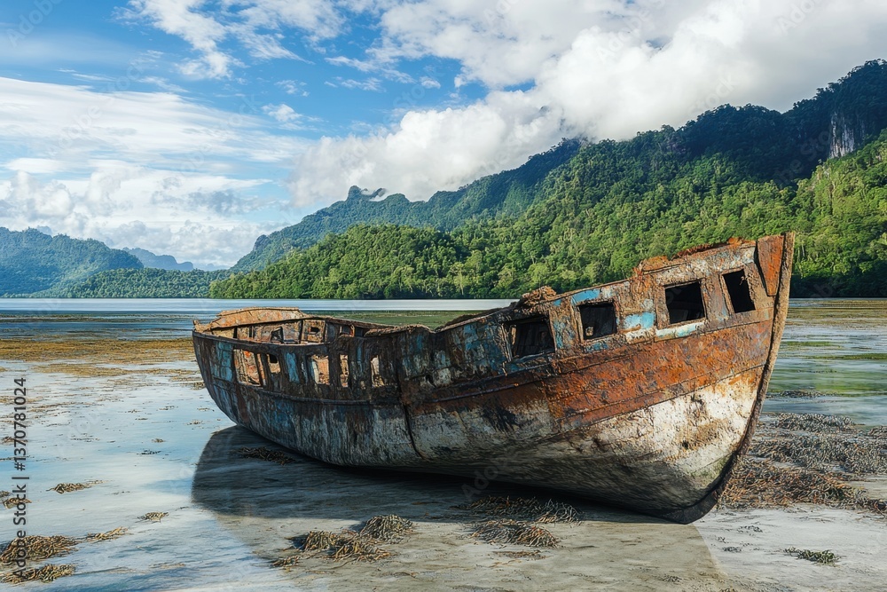 Rusty abandoned boat rests on shore in tropical landscape with mountains and clouds Rusty abandoned boat rests on shore in tropical landscape with mountains and clouds
