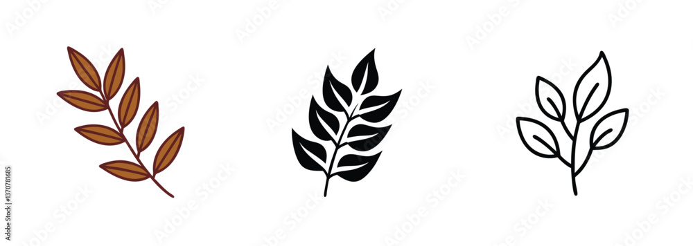 Three Leaf Branch Variations Brown, Black, Outline vector arts Three Leaf Branch Variations Brown, Black, Outline vector arts