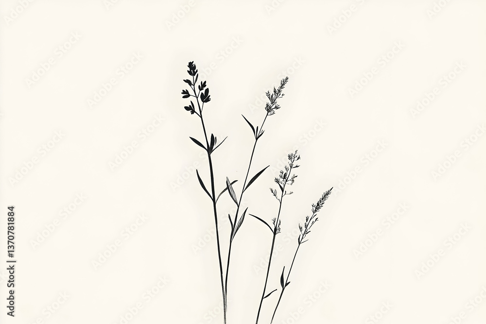 Obraz premium Black silhouettes of slender plants against a light background are seen