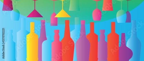 Set of bottles elite alcohol, party, poster for bar. Vector design of bottle of wine, premium whiskey, outline drawing, gradient