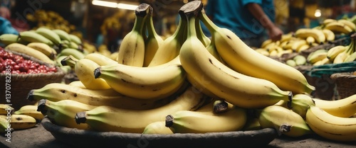 Close up of bananas in outdoors stand. Cultivated fruits for retail sale at local market. Generated AI