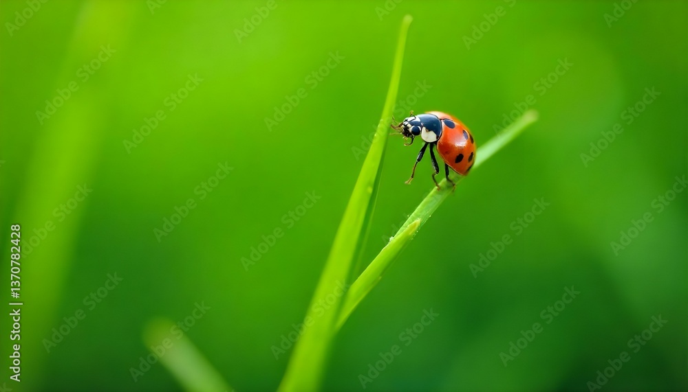 A macro photograph captures a ladybug perched on a blade of grass, set against a backdrop of lush greenery A macro photograph captures a ladybug perched on a blade of grass, set against a backdrop of lush greenery
