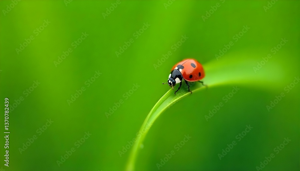 A macro photograph captures a ladybug perched on a blade of grass, set against a backdrop of lush greenery A macro photograph captures a ladybug perched on a blade of grass, set against a backdrop of lush greenery