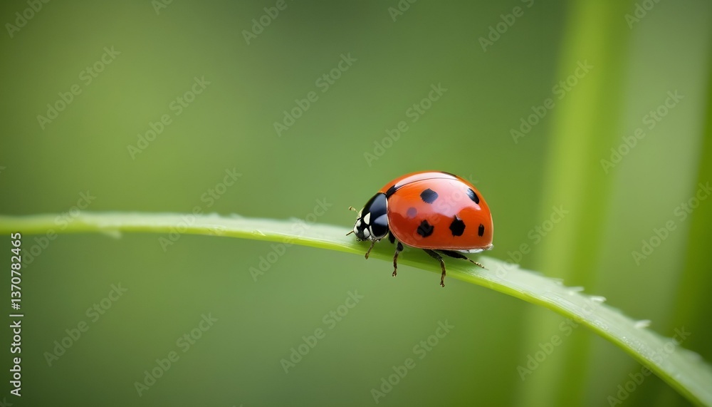 A macro photograph captures a ladybug perched on a blade of grass, set against a backdrop of lush greenery A macro photograph captures a ladybug perched on a blade of grass, set against a backdrop of lush greenery
