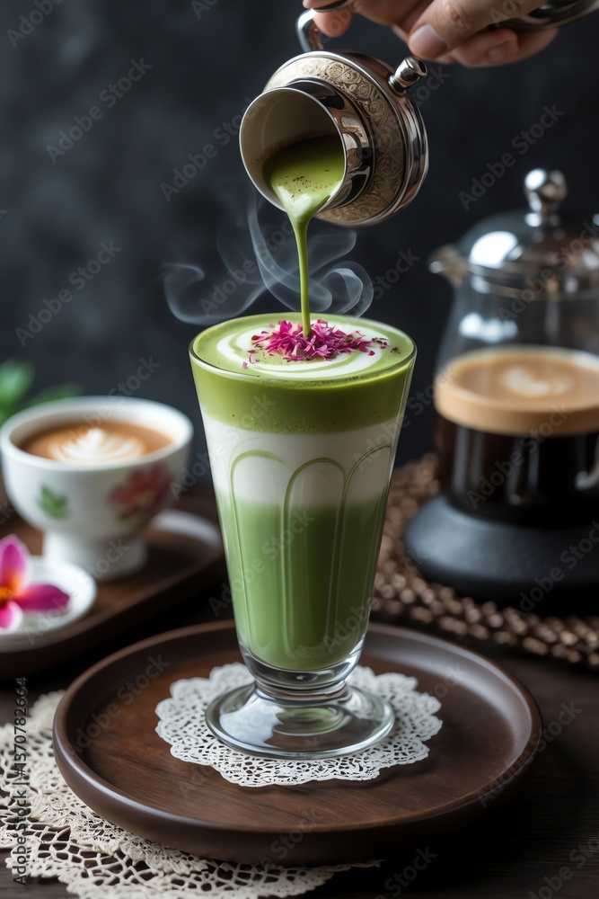 Fototapeta premium Pouring Matcha Latte Into Glass with Milk and Coffee Setting