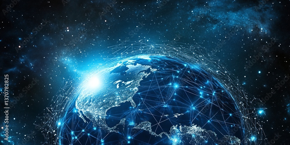 Obraz premium Global Connection: A captivating vision of the globe, intertwined with a network of digital connections, set against a canvas of stars, symbolizing the interconnectedness of the world. 