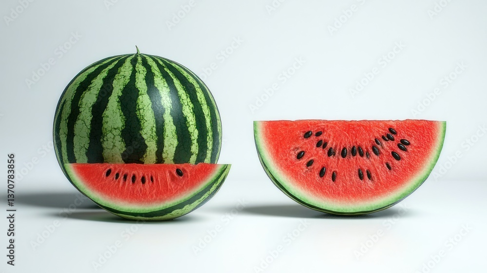 Fresh whole and sliced watermelons on white background in studio lighting Fresh whole and sliced watermelons on white background in studio lighting