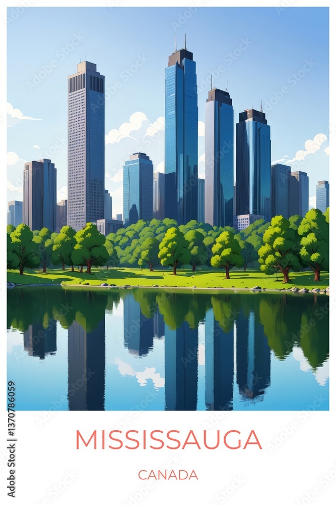 Obraz premium Mississauga Canada Travel Poster Flat Illustration Print Decor Gift Canvas Wall Art Gift