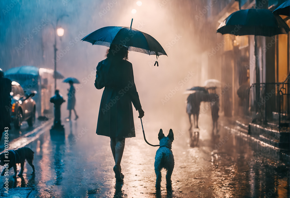 Person with dog animal in rain on street.