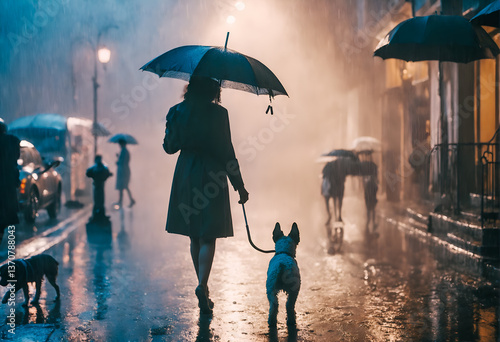 Obraz na płótnie Person with dog animal in rain on street. w salonie