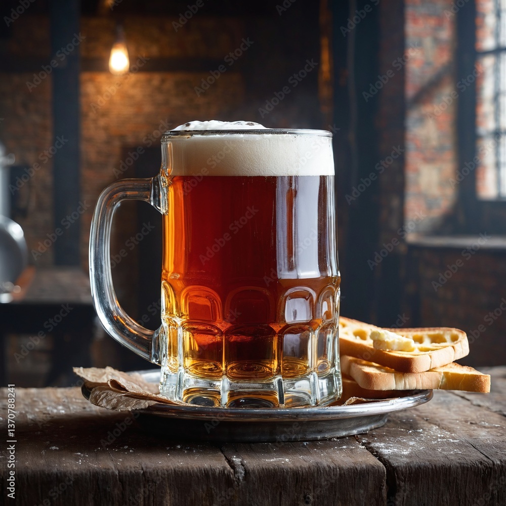 Cold beer in glass and snacks food on counter desk wooden old table. Generated AI