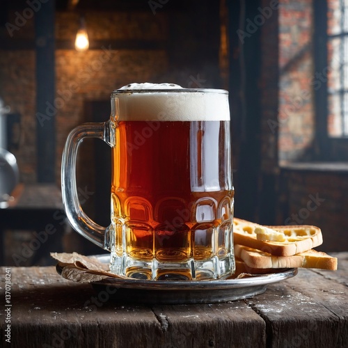 Obraz na płótnie Cold beer in glass and snacks food on counter desk wooden old table. Generated AI w salonie