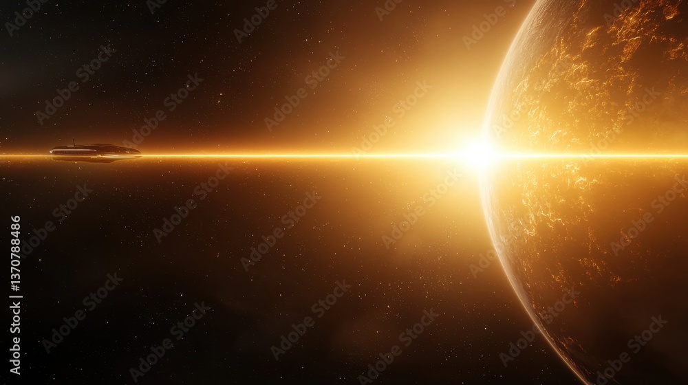 Fototapeta premium A stunning cosmic scene depicting a spaceship near a glowing planet, with a vibrant sunrise illuminating the vastness of space.