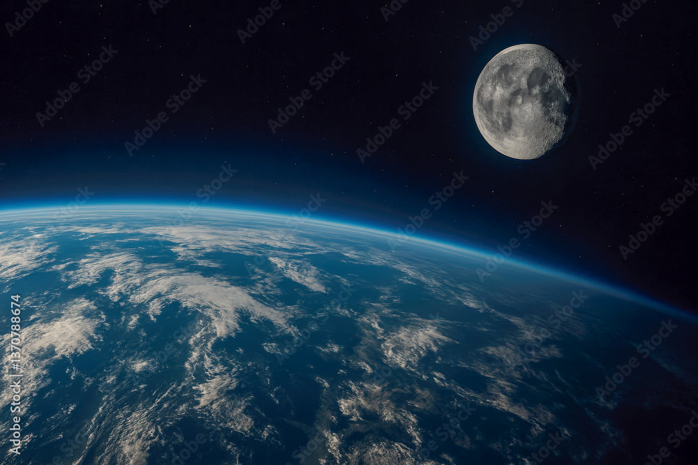 Fototapeta premium View of Earth and the moon from space, showcasing the Earth's atmosphere and clouds with the moon visible in the distance.