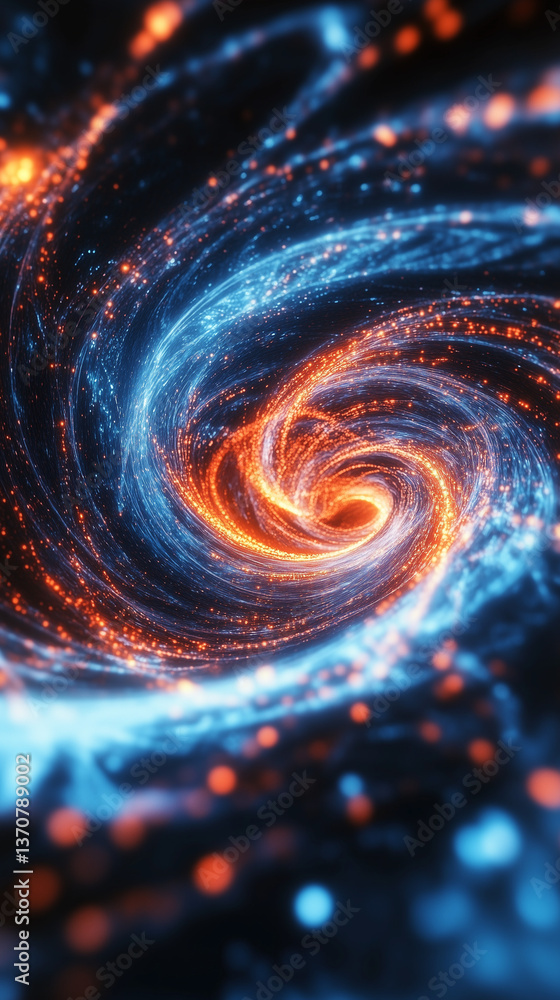 Fantasy swirling vortex of energy portal to another dimension. Potrait 9:16 orientation aspect ratio. Electric blue and orange energy abstract background. Time travel concept illustration