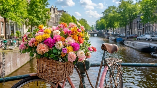 Charming canal-side bike adorned with vibrant flowers