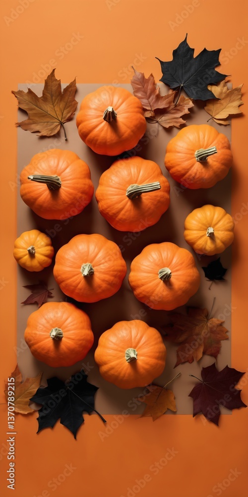 Halloween Flat Lay with Pumpkins, and Autumn Leaves on Orange Background.