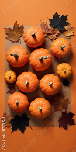 Obraz na płótnie Halloween Flat Lay with Pumpkins, and Autumn Leaves on Orange Background. w salonie