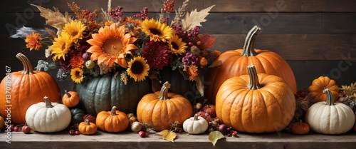 Vibrant Autumn Harvest with Colorful Pumpkins and Fall Flowers