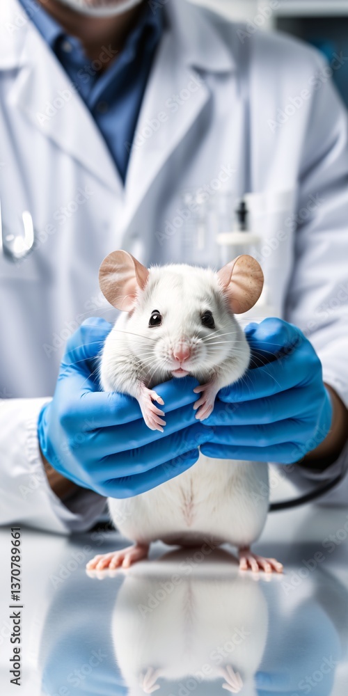 Lab mouse held by scientist in blue glove , representing research and science