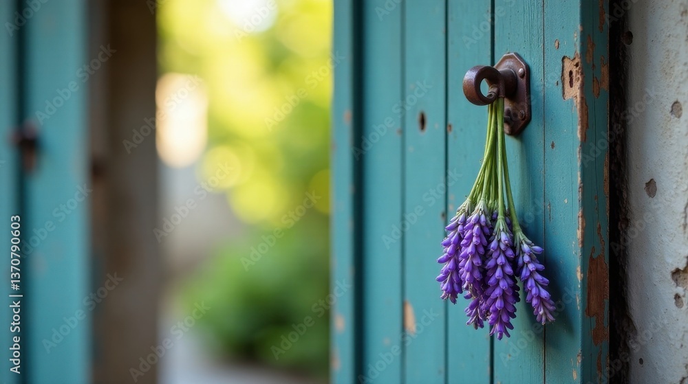 Rustic teal door with weathered paint, adorned by a bunch of delicate purple flowers hanging from an antique metal hook, creating a serene and idyllic outdoor scene. Rustic teal door with weathered paint, adorned by a bunch of delicate purple flowers hanging from an antique metal hook, creating a serene and idyllic outdoor scene.