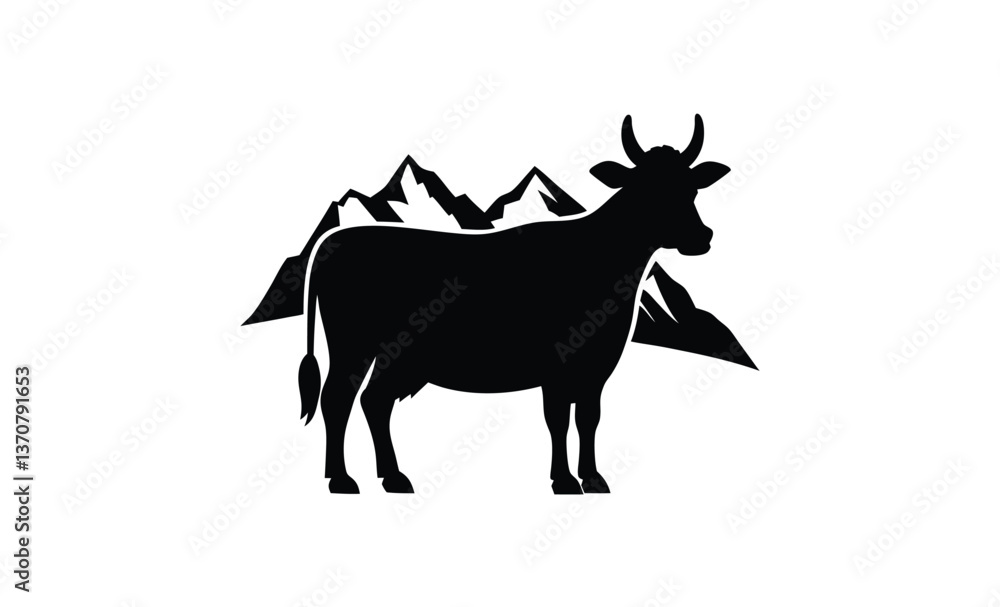 Fototapeta premium Two alpine cow vector silhouette, two alpine cow vector hand drawn engraving style illustration 