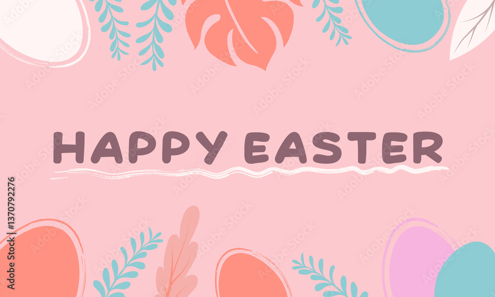 A pastel-themed Easter design with a pink background, featuring playful hand-drawn elements like Easter eggs, tropical leaves, and soft foliage. A pastel-themed Easter design with a pink background, featuring playful hand-drawn elements like Easter eggs, tropical leaves, and soft foliage.