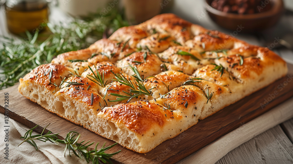 Focaccia auf Holzbrett mit frischem Rosmarin Focaccia auf Holzbrett mit frischem Rosmarin