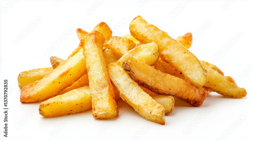 Frittierte Kartoffelstäbchen auf weißem Hintergrund Frittierte Kartoffelstäbchen auf weißem Hintergrund