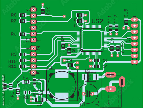 Vector printed circuit board of electronic device with components of radio elements, 
conductors and contact pads placed on pcb. 
Engineering technical educational drawing.
Computer technic cad design