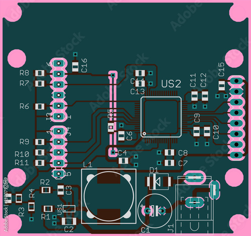 Vector printed circuit board of electronic device with components of radio elements, 
conductors and contact pads placed on pcb. 
Engineering technical educational drawing.
Computer technic cad design