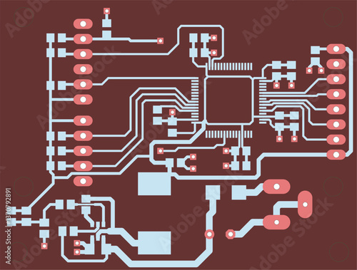 Tracing conductors of printed circuit board
of electronic device. Vector engineering 
drawing of pcb design. Electric background.
Computer technic cad project.