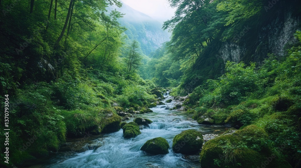 Tranquil mountain river flowing through a lush green forest Tranquil mountain river flowing through a lush green forest