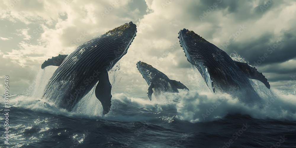 Fototapeta premium Pod of Whales Breaching the Surface of the Ocean Background for Marine Majesty, Deep-Sea Exploration, or Nature Concepts