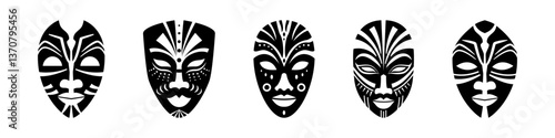 Ritual masks of african and indian tribes set. Voodoo traditional face totem of god demon for religious and traditional ceremonial vector rituals