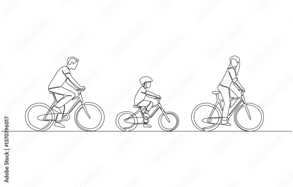 Fototapeta premium Continuous one line drawing of parents and son riding bicycles in a row, family cycling activity concept, single line art