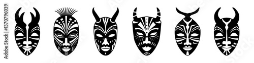 Horned ritual masks of african and indian tribes set. Shamanic traditional face totem of god demon for religious and traditional ceremonial vector rituals