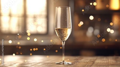 A sparkling champagne glass on a wooden table, illuminated by soft light, creates a festive and warm atmosphere with bokeh effects in the background.