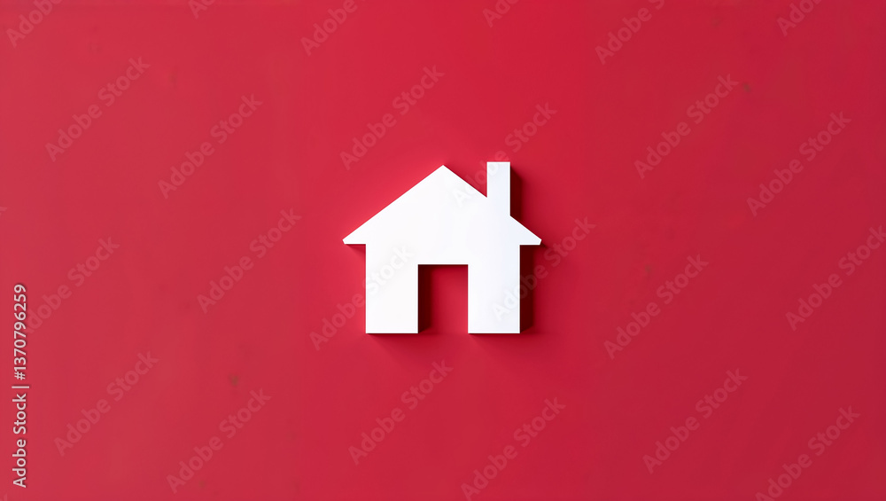 Fototapeta premium A simple white house icon, symbolizing home, dreams, and new beginnings against a vibrant red background.