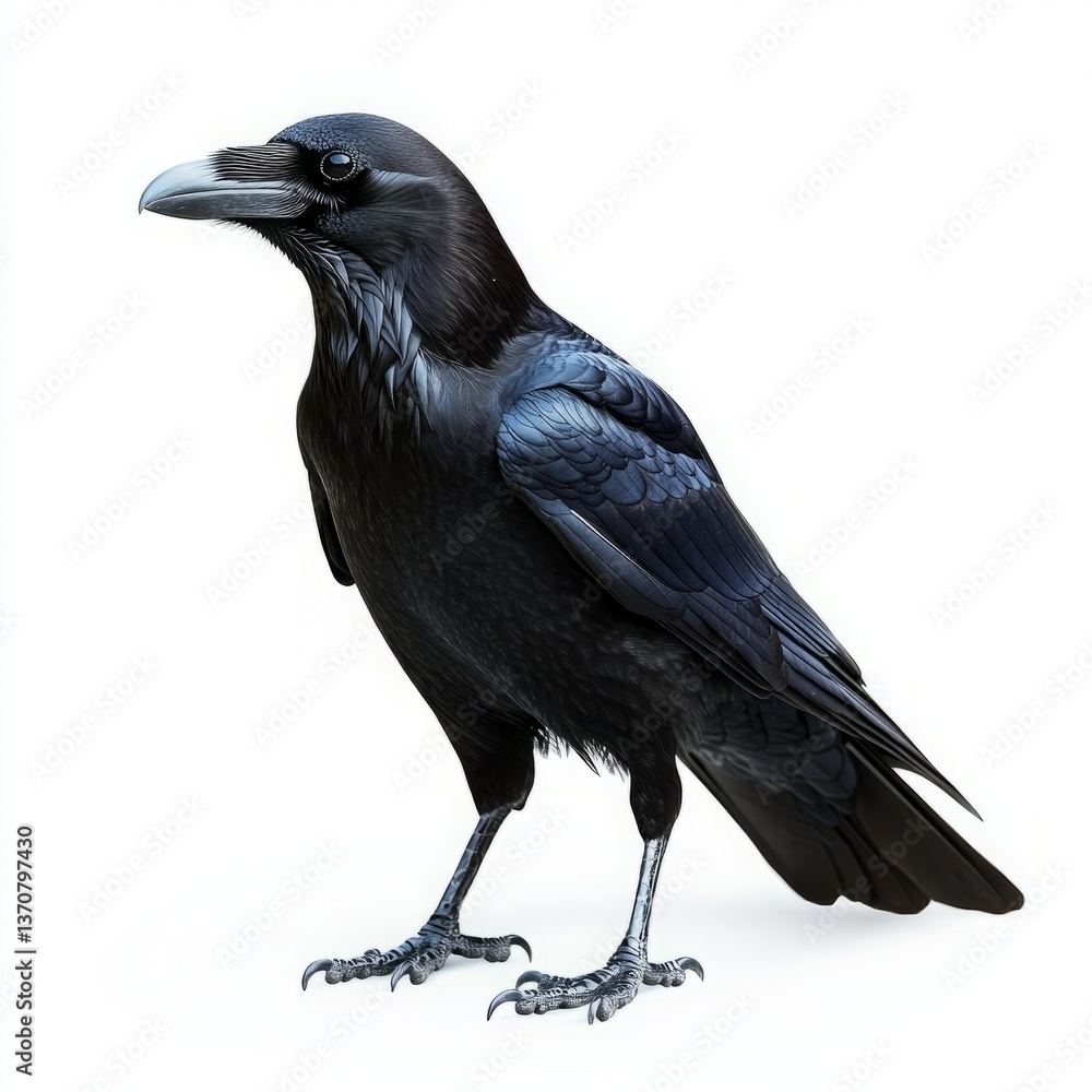 Fototapeta premium Intelligent Glossy Black Raven Standing on White Background - Ideal Stock Image for Wildlife, Nature, and Urban Photography